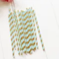 Detailed view of blue and gold striped paper straws, perfect for birthday party supplies. - Paper Straws / 25 Pieces Set / Gold Foil Blue Striped
