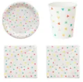Colorful triangle disposable paper party tableware set including plates, cups and napkins. - Colorful Triangle Set (Large Plates Cups Napkins)