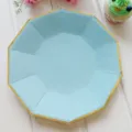 Light blue decagonal disposable paper plates for party and birthday celebration use. - Decagon Paper Plate / 9 Inch 8 Pack / Blue Gold Rim