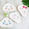 Cute cloud paper plates for kids birthday party, disposable cake tableware with gold foil design. - 8 Pcs White Cloud Plates with Shy Smiley Face
