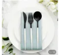 Disposable black and white plastic cutlery set knife fork spoon for party tableware - Cutlery Set with Napkin (Knife, Fork, Spoon) - White Handle & Black Head