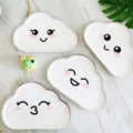 Cute cloud paper plates set with gold foil edge, cartoon facial expressions for kids party decor. - 8 Pcs Happy White Cloud Plate Set