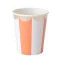 Detailed shot of orange and white striped paper cups with gold foil scalloped edge for parties. - 270ml Orange Striped Paper Cups