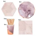 Disposable party tableware set pink watercolor geometric paper plates cups straws napkins - Rose Gold Ink Five-Piece Set