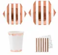 Roségold gestreifte sechseckige Pappteller und Becher Partygeschirr Set für Geburtstage. - Besteck-Kollektion / Mehrteiliges Sortiment / Roségold Gestreift