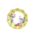 Scalloped yellow disposable paper plate featuring elegant flamingo and floral illustration. - Yellow Border Flamingo / 8 Pieces/Pack 17.5cm / Yellow