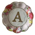 Decorative disposable paper plate with vintage floral rim and gold letter A center for party. - Lace Letter A / 8 Pieces/Pack 17.5cm / Multicolor
