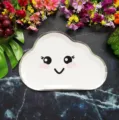 Cute white cloud paper plate for kids birthday party, disposable cake dish with gold rim design. - 8 Pieces/Pack / Happy Cloud No. 4
