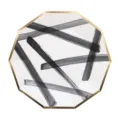 Details of the octagonal black and white graffiti paper plate with gold rim for party setup. - 9 Inch 8 Pcs Pack