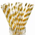Pajitas de papel a rayas doradas y blancas para fiestas, pajitas desechables ecologicas - 25 Pcs Pajitas Rayadas Estampadas en Oro