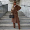 Womens winter lapel double-breasted long wool blend trench coat with matching belt. - S / Tops / Coffee