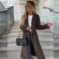 Women's autumn winter long sleeve lapel double breasted brown wool blend coat winter outerwear. - S / Tops / Brown