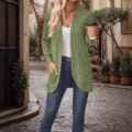 Casual solid color long sleeve pocket knit cardigan sweater outerwear for women - S / Tops / Green