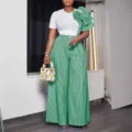 Completo donna due pezzi maglietta a maniche corte a righe e pantaloni larghi eleganti - Taglia S / Top e Pantaloni / Verde