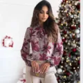 Elegant women's long sleeve blouse with stylish bow tie collar and chic floral print design. - S / Tops / Gray with Red Flower