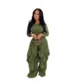 Detailed view of the olive green long sleeve slim top and ruffled wide-leg pants set. - S / Top And Bottom / Green