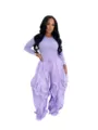 Women autumn winter purple slim top and exaggerated ruffle wide leg pants two piece set detail - Purple