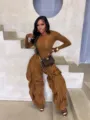 Women autumn winter slim top wide leg ruffle cargo pants two piece commuting set - Brown