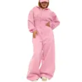 Detailed shot of casual pink hooded jumpsuit, long sleeves, front zipper, wide leg style. - S / Set / Pink