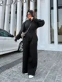 Women solid black hooded zip jumpsuit casual long sleeve slim fit romper detail view - S / Set / Black