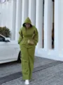 Women solid color hooded long sleeve jumpsuit casual autumn winter cinched waist romper outfit - Green