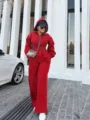 Women casual solid color hooded long sleeve waist cinching red jumpsuit autumn winter streetwear - S / Set / Red