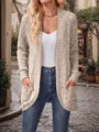 Detailed view of women's casual open-front ribbed knit cardigan with pockets in classic style. - Coffee