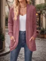 Women casual open front long sleeve solid knit cardigan sweater with pockets for autumn winter. - Red