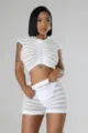 Women white knit two piece set crop top and shorts mesh striped summer casual sexy outfit - S / Top And Bottom / White