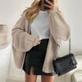 Oversized knit cardigan for women, casual long sleeve sweater outerwear with open front. - S / Apricot