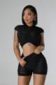 Black two piece set crop top shorts sexy summer outfit fashion casual streetwear clothing - S / Top And Bottom / Black