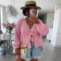 Cardigan in maglia rosa da donna corto scollo V cravatta fiocco capospalla casual chic - Taglia S / Rosa