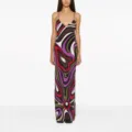 Detailed view of the elegant abstract printed satin slip long dress with chic spaghetti straps. - S / Dresses / Colorful
