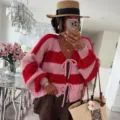 Women colorblock striped knit cardigan, casual V-neck long sleeve tie-front sweater top. - Red
