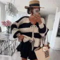 Women casual black and white striped tie-front knit cardigan sweater autumn winter - Black