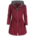 Women casual hooded trench coat, red zip-up jacket with grey inner layer and drawstring. - L / Burgundy
