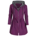 Women casual hooded trench coat purple drawstring waist full zip jacket close up detail view - Purple