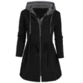 Detailed view of women casual hooded trench coat with double zipper and drawstring waist. - L / Black