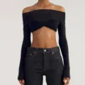 Sexy Langarm Schulterfreies Crop Top fuer Damen einfarbig schmale Passform modische Kleidung. - S / Oberteile / Schwarz