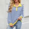 Women's blue white striped sweatshirt casual long sleeve lapel button pullover top fashion - S / Tops / Yellow
