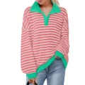 Close-up detail of women's contrast lapel button-up striped long sleeve casual sweatshirt top. - S / Tops / Cyan
