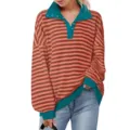 Detailed view of the casual contrast color collar striped long sleeve button sweatshirt. - Malachite green