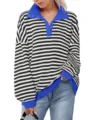Black and white striped sweatshirt featuring a contrasting blue lapel and cozy long sleeves. - Blue