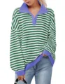 Close-up detail of green and white striped oversized sweatshirt with purple lapel and cuffs. - Purple