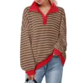 Women's Casual Striped Long Sleeve Polo Collar Button Pullover Sweatshirt Autumn - S / Tops / Red