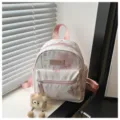 Mini pink canvas backpack with butterfly print, cute bear pendant, and casual style. - With Pendant / Pink