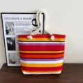 Detailed view of the colorful striped canvas tote bag with thick rope handles for daily use. - Style 4