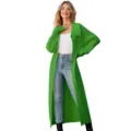 Detailed view of women's long green knit cardigan, featuring lapel collar and casual loose fit. - S / Green