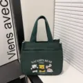 Dunkelgrüne Canvas Tragetasche, lässige Schultertasche mit niedlichem Bären-Druck. - Stil 3 / Grün