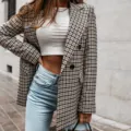Women's classic houndstooth plaid blazer jacket, elegant fall fashion casual outerwear. - S / Tops / Vintage Plaid